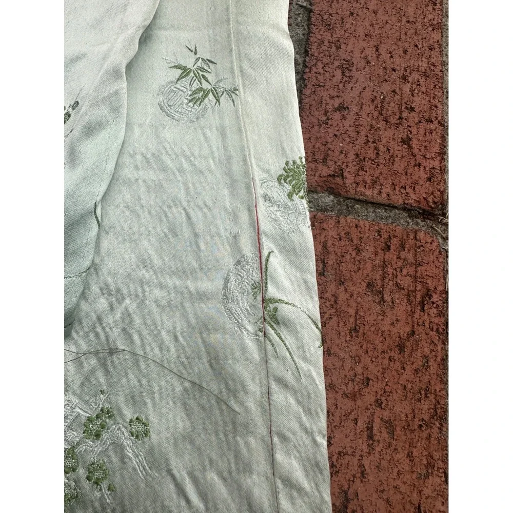 Vintage Chinese Silk Brocade Table Runner Sage Green Floral Bamboo Tassels 29x14